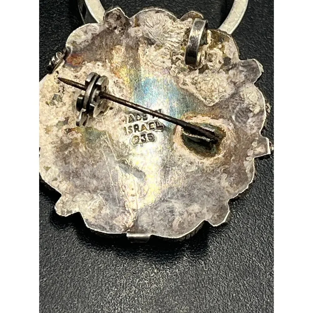 Israel Vintage 935 Argentium Sterling Filigree Turquoise Gemstone Brooch Pendant